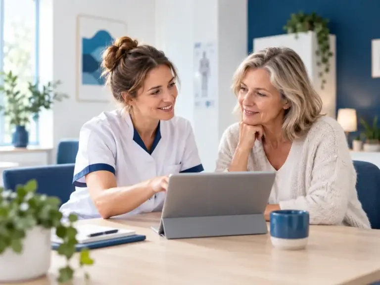 Zorgmedewerker geeft een vrouw duidelijke uitleg over zorg en gezondheid tijdens een persoonlijk gesprek aan tafel. Faq