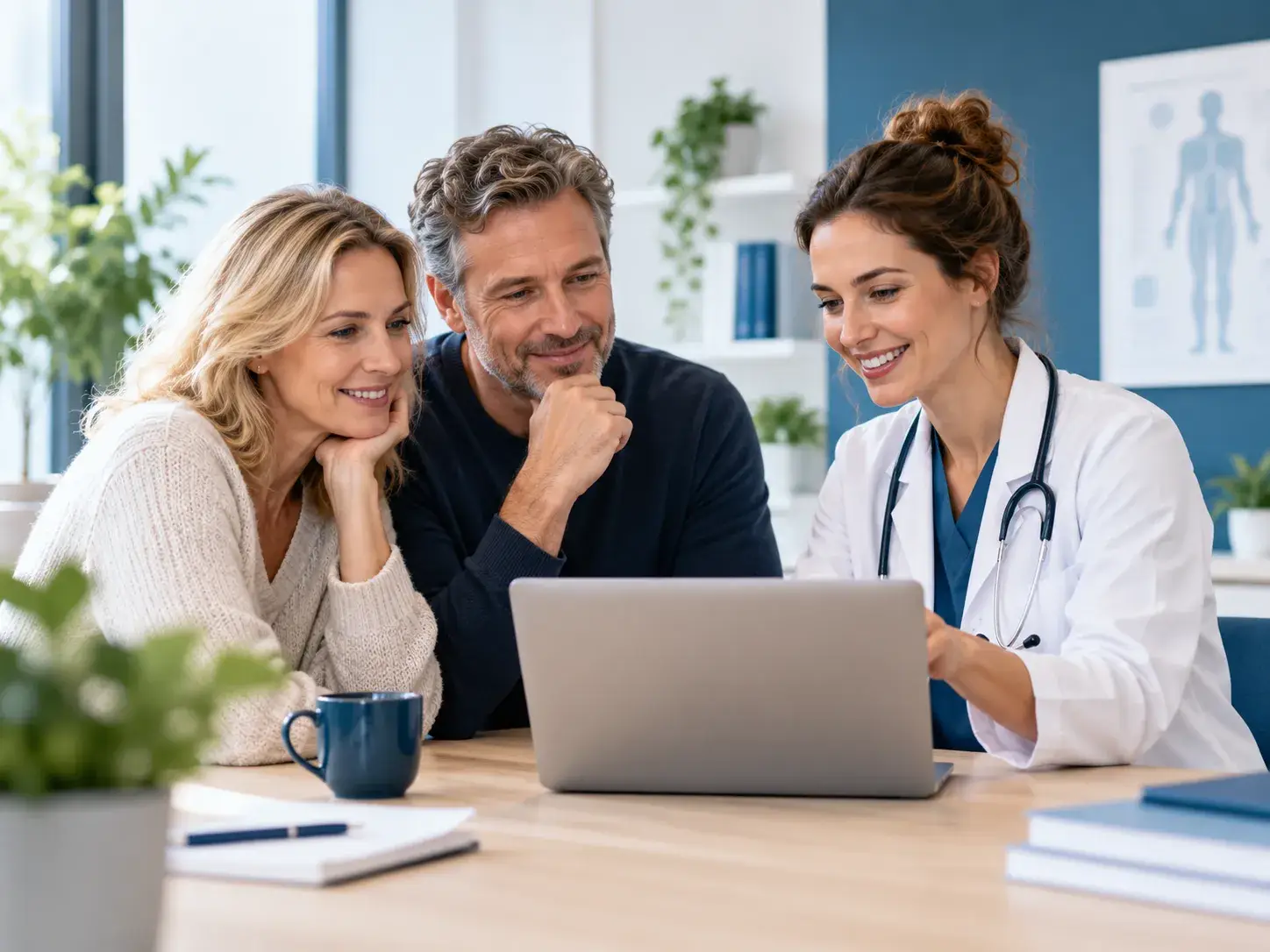 Zorgprofessional bespreekt met twee volwassenen hoe zij zorginformatie, kennis en bijdragen kunnen delen via een online registratie. Registreer