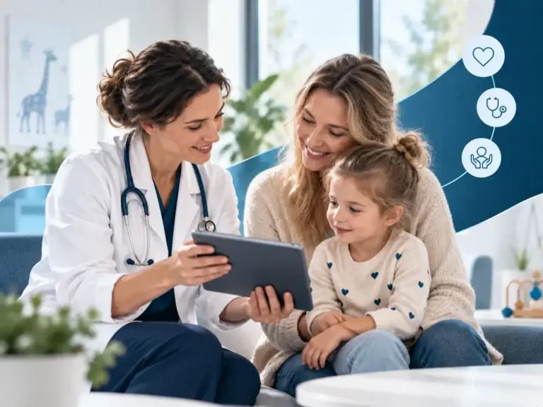 Zorgprofessional geeft een moeder en haar kind duidelijke uitleg over gezondheid en passende zorg.