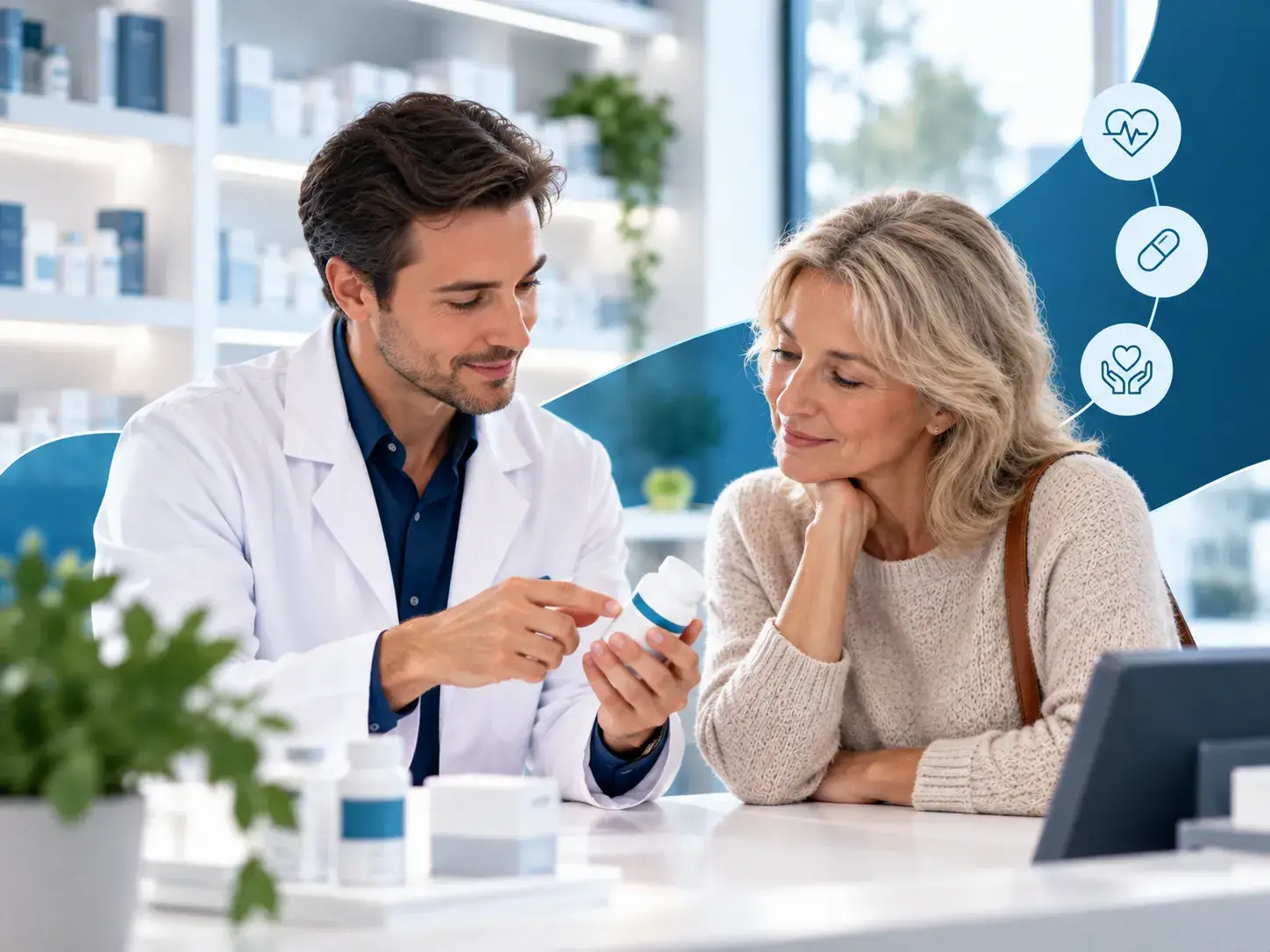 Apotheker geeft een vrouw uitleg over medicijnen en verantwoord gebruik in een moderne apotheek.