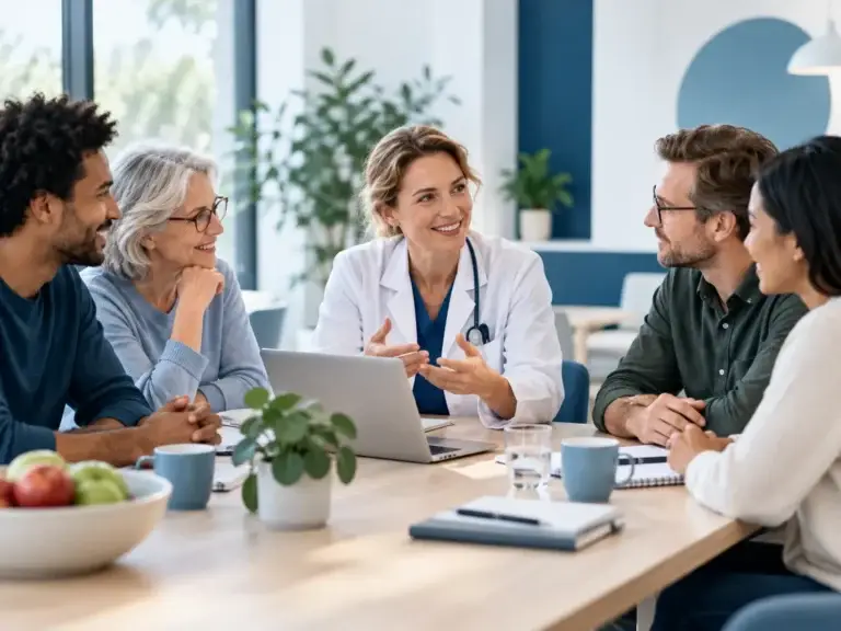 Zorgprofessional bespreekt gezondheid, preventie en zorginformatie met een diverse groep volwassenen.